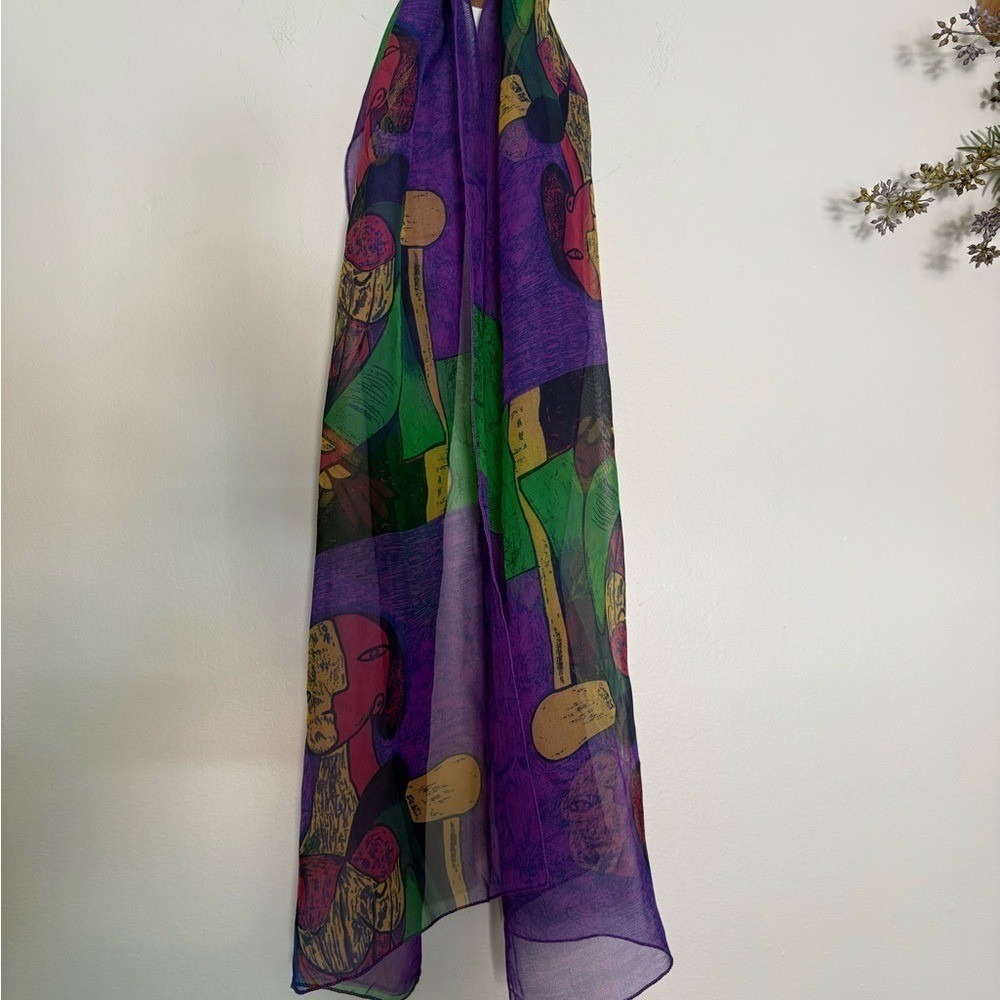 Sheer Scarf Picasso Style Wearable Art Lightweight Statement Wrap - Picture 2 of 3